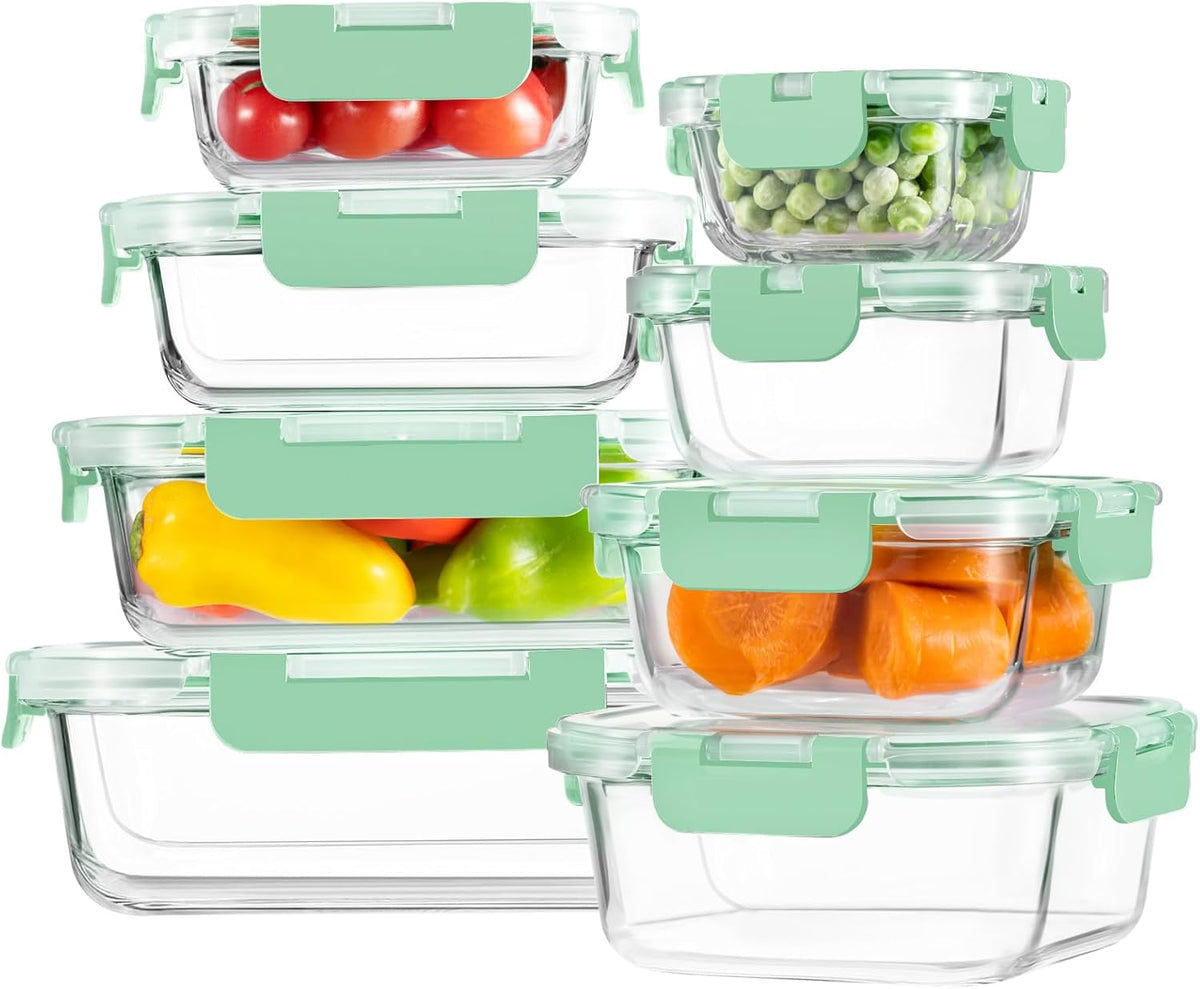 8 Pack Borosilicate Glass Food Storage Containers with Lids, Glass Meal Prep Containers, Airtight Bento Lunch Boxes with Snap Locks, Oven, Freezer and Dishwasher Safe, BPA Free, Kitchen Storage Set