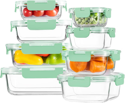 8 Pack Borosilicate Glass Food Storage Containers with Lids, Glass Meal Prep Containers, Airtight Bento Lunch Boxes with Snap Locks, Oven, Freezer and Dishwasher Safe, BPA Free, Kitchen Storage Set