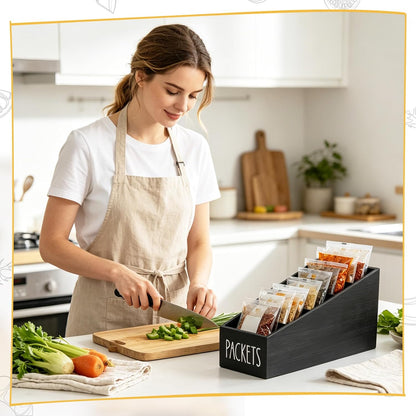5-Section Large Capacity Seasoning Packet Organizer with Removable Dividers,Wooden Black Snack Organizer,for Kitchen Pantry Cabinet, Farmhouse Kitchen Organization Bin for Spice Packets Storage Basket