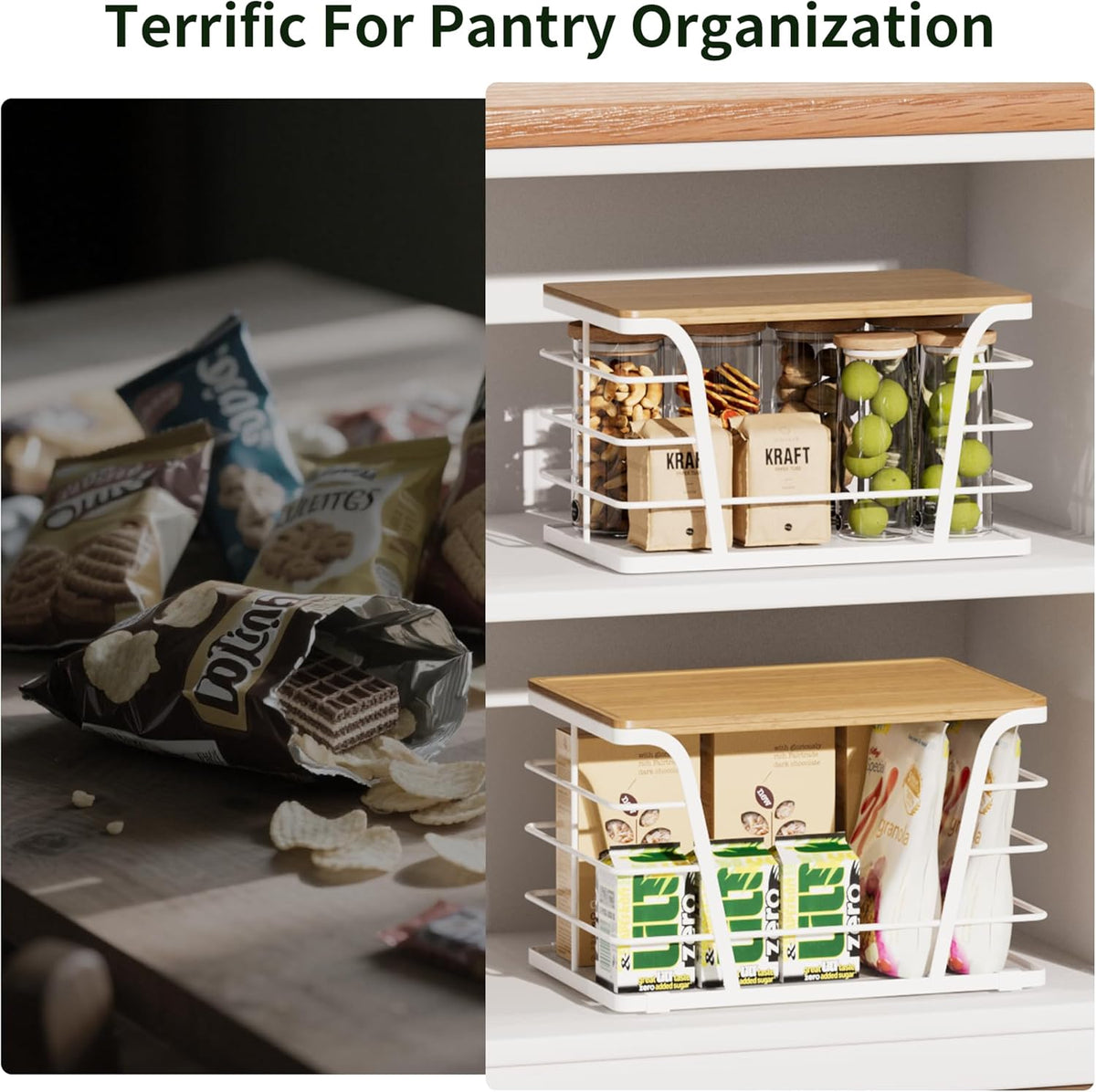 2 Pack Potato and Onion Storage Bins, Stackable Kitchen and Pantry Organizer with Bamboo Top & Lightweight PP Mat, for Vegetables, Fruit, Onion, Potato, Garlic - Pantry, Kitchen Storage Bins (Black)