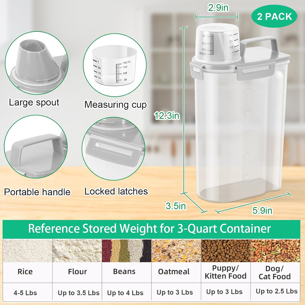 TBMax Rice Container Cereal Storage Container 2 Pack 5 Lbs, Kitchen Pantry Dry Food Storage Holder with Easy-Pouring Spout & Handy Cup, Small Pet Dog Cat Food Dispenser for Daily Feeding -Grey