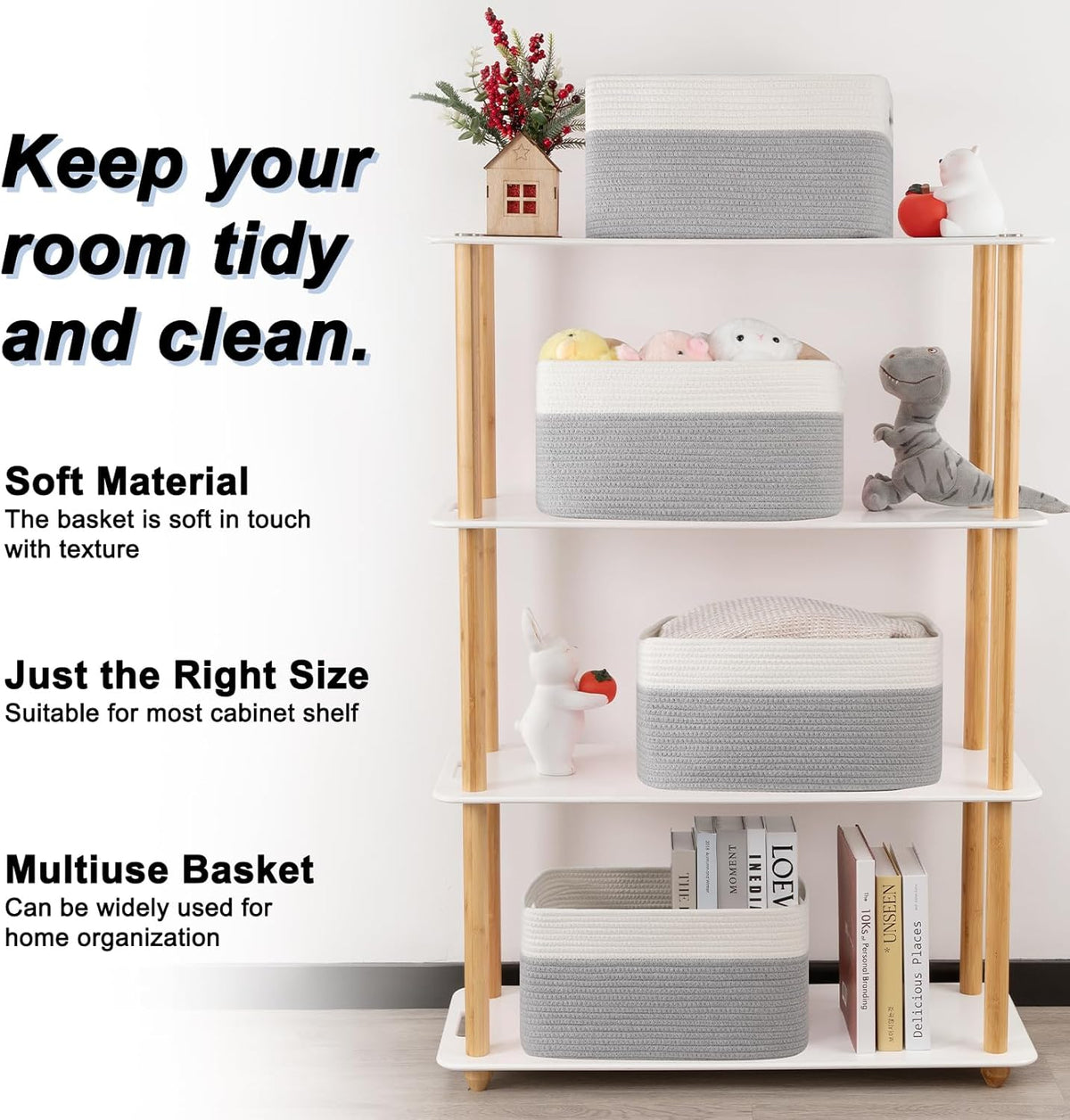 4 Pack Storage Baskets for Organizing, Woven Baskets for Shelves - Perfect for Toys, Books, Towels, and Clothes, Durable Gift Basket Bins Toy Storage, 12.7''Lx9''Wx7.8''H, Brown & White