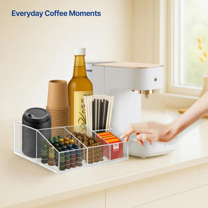 Coffee Bar Organizer for Countertop – Wooden Coffee Caddy with Compartments for Pods, Sugar Packets, and Accessories – Coffee Condiment Station Storage for Home and Office (Black)