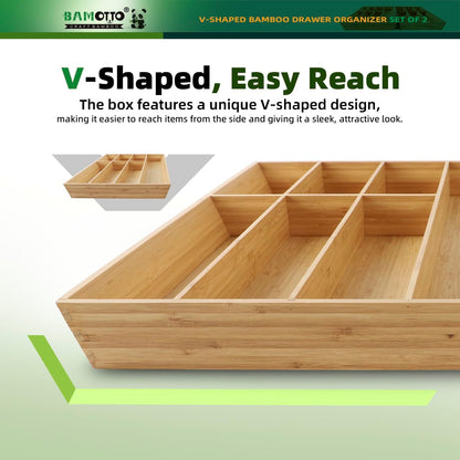 BAMOTTO CRAFTBAMBOO Stack Bamboo Drawer Organizer Set of 5, Kitchen Utensil, Flatware&Silverware Organizer-Wood Laminated Stackable for Kitchen, Bedroom, 13.4''x4.5''*2+10.2''x3.3''*2+10.2''x6.7''*1