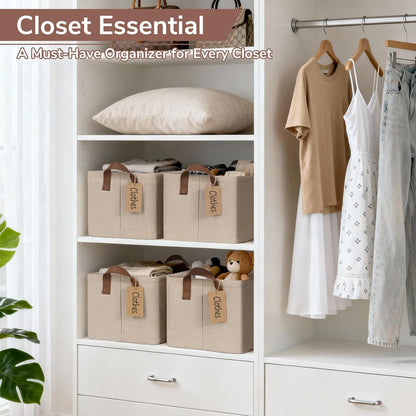 CHICVITA 4 Pack Large Storage Baskets for Shelves, Collapsible Closet Organizer Bins with Metal Frame, Fabric Storage Bins for Clothes Towels Organization, 16.8" x 11" x 9.8", Beige