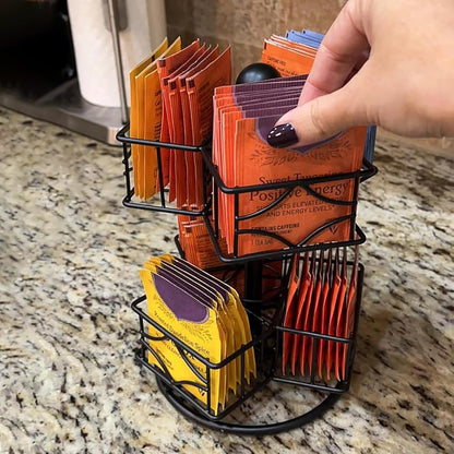 Frcctre Tea Bag Organizer, 360 Degree Tea Bag Spining Carousel Organizer with 6 Compartments, Lazy Susan Sugar Coffee Creamer Caddy for Kitchen Counter Cabinet Organizer, Up to 60 Tea Bags Storage