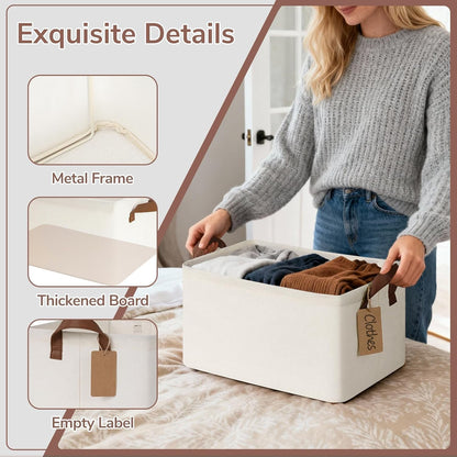 CHICVITA 4 Pack Large Storage Baskets for Shelves, Collapsible Closet Organizer Bins with Metal Frame, Fabric Storage Bins for Clothes Towels Organization, 16.8" x 11" x 9.8", Beige