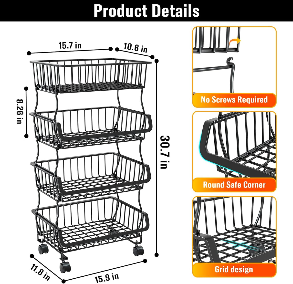 Gsiekare 3-Tier Rolling Pantry Organizer and Storage Cart with Wheels – Stackable Wire Snack Cart for Kitchen, Pantry Shelves and Storage Rack for Fruit, Vegetables, Onion, Potato (1 Pack)
