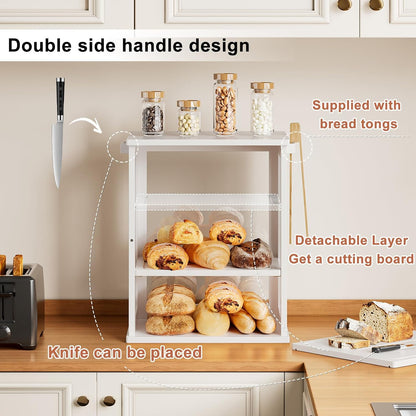 WOWLIVE Black Bread Box for Kitchen Countertop, Large 3 Layers Bread Storage Container for Homemade Bread with Window, Farmhouse Breadbox Organizer for Kitchen, Cabinet, Pantry (Black, Meduim)