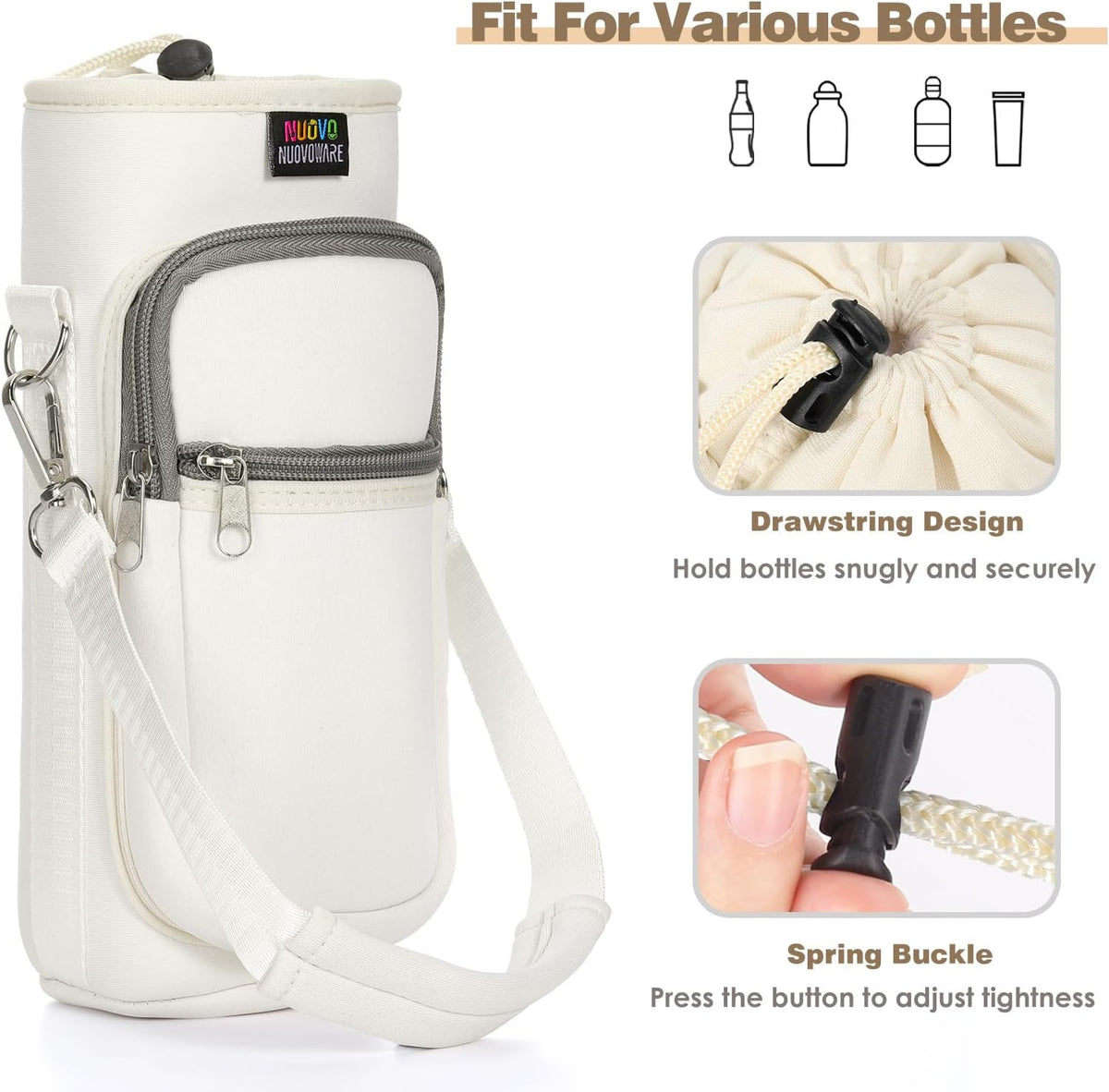 Nuovoware Water Bottle Carrier Bag,25oz/40oz/64oz Bottle Pouch Holder,Adjustable Shoulder Hand Strap 2 Pocket Sling Neoprene Sleeve Sports Accessories for Hiking Travelling Camping