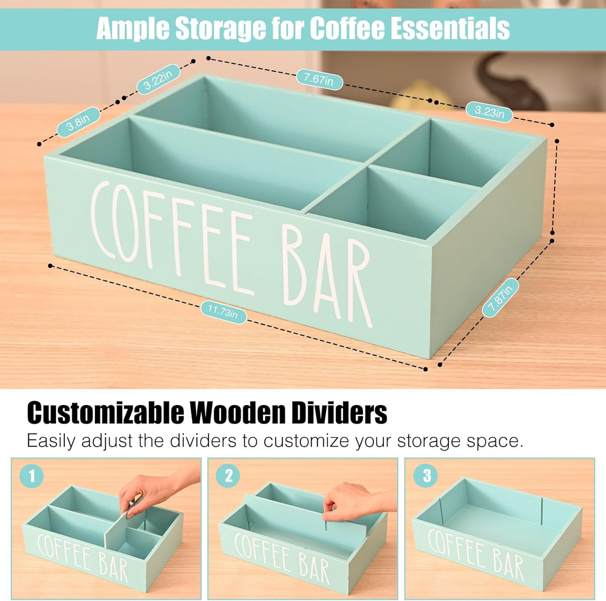 STORAGENIE Wooden Coffee Station Organizer – Removable Dividers, Storage for Coffee Pods, Tea Bags & Accessories, Oasis Blue (11.8" x 7.87" x 3.15")