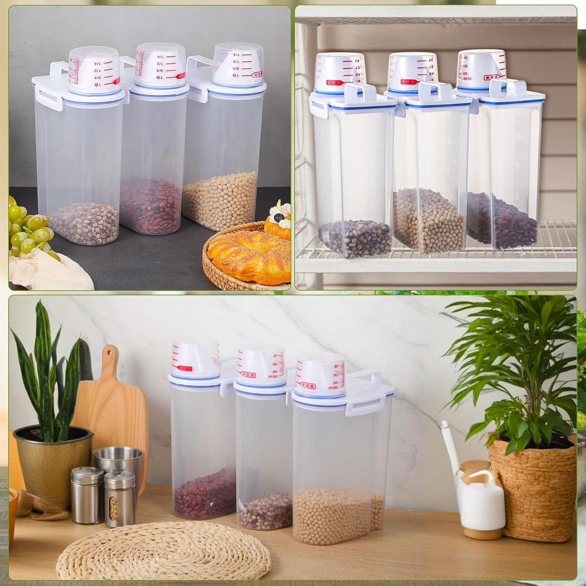 3 Pcs Rice Storage Containers (4 Lbs / 2 Kg Each) – Airtight BPA-Free ABS Plastic Dispenser with Measuring Cup & Pour Spout for Rice, Cereal, Pet Food, and More (Blue + Clear)