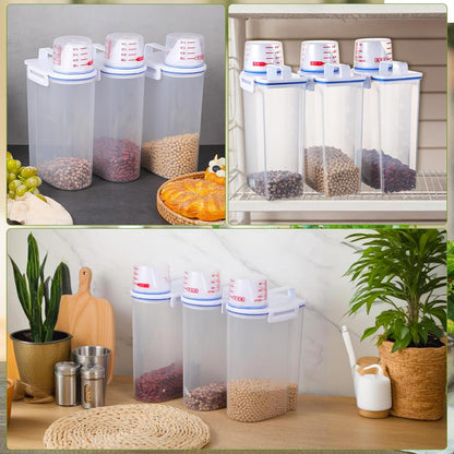 3 Pcs Rice Storage Containers (4 Lbs / 2 Kg Each) – Airtight BPA-Free ABS Plastic Dispenser with Measuring Cup & Pour Spout for Rice, Cereal, Pet Food, and More (Blue + Clear)