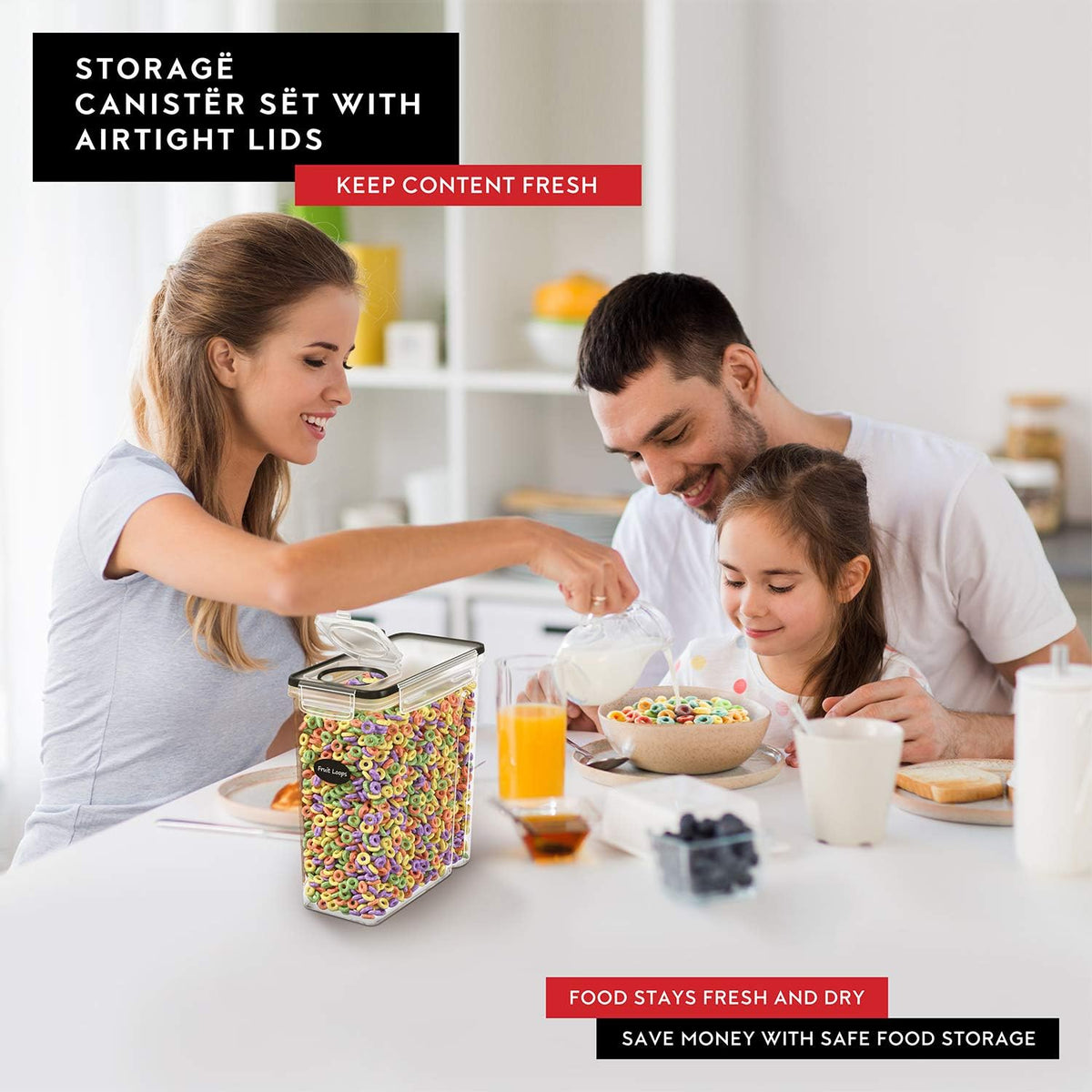 DWËLLZA KITCHEN Cereal Containers Storage 4L Set of 4 Airtight Food Storage Containers with Lids Cereal Dispenser Countertop Pantry Organization Canister for Rice Flour & Sugar 1 Marker 8 Labels