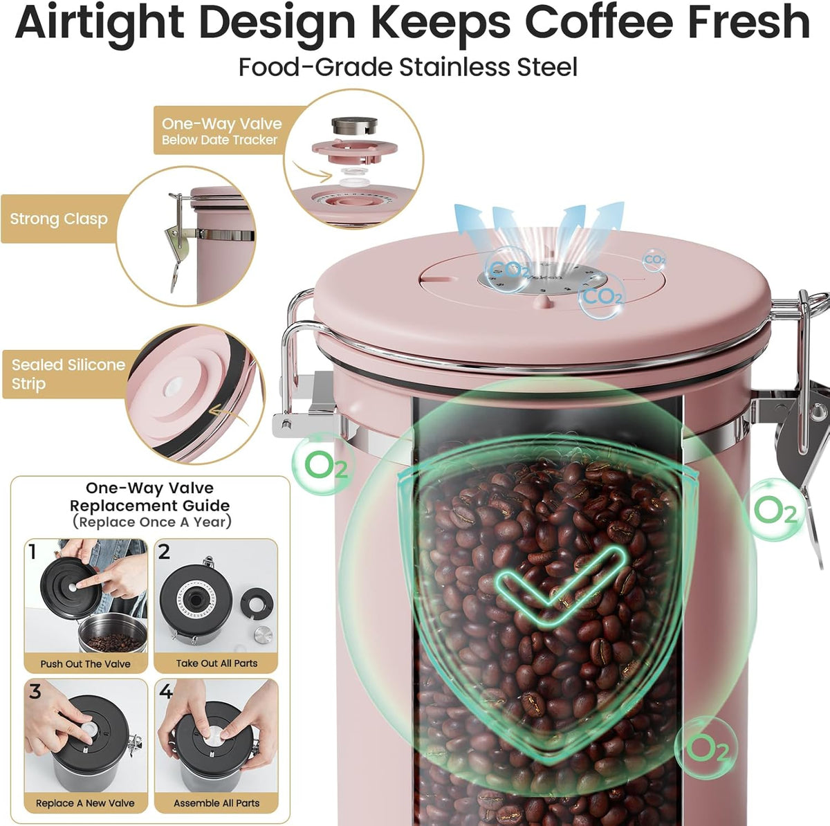 Veken Coffee Canister with Window, Family Choice Awards Winner, Airtight Stainless Steel Home Kitchen Food Storage Container with Lids for Grounds, Beans, Tea, Flour,Cereal,Sugar Jars,Scoop,16OZ,Black
