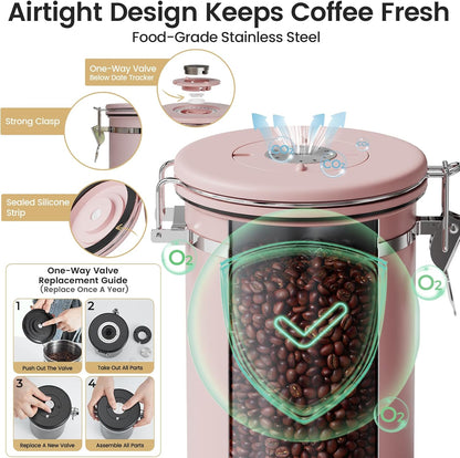 Veken Coffee Canister with Window, Family Choice Awards Winner, Airtight Stainless Steel Home Kitchen Food Storage Container with Lids for Grounds, Beans, Tea, Flour,Cereal,Sugar Jars,Scoop,16OZ,Black