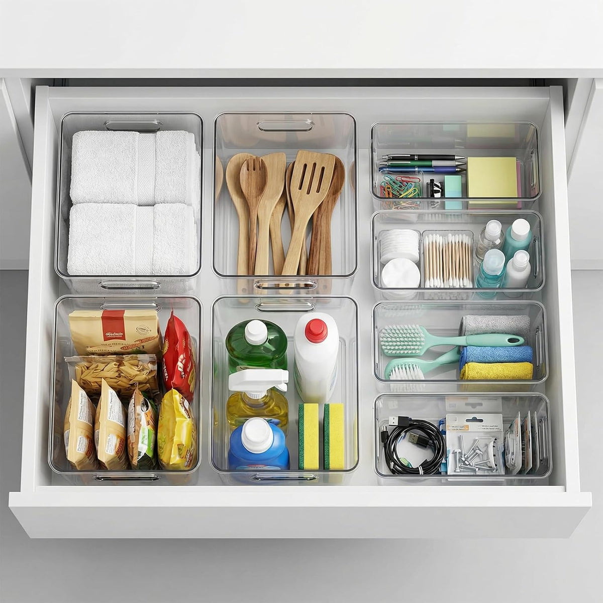 MOONEDGE Set of 4 Clear Plastic Organizer Bins, 2 Large & 2 Small Storage Bins for Pantry, Nestable Space-Saving Containers for Cabinets, Under-Sink, Bathroom, Kitchen & Freezer Organization