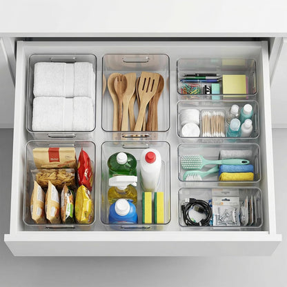 MOONEDGE Set of 4 Clear Plastic Organizer Bins, 2 Large & 2 Small Storage Bins for Pantry, Nestable Space-Saving Containers for Cabinets, Under-Sink, Bathroom, Kitchen & Freezer Organization