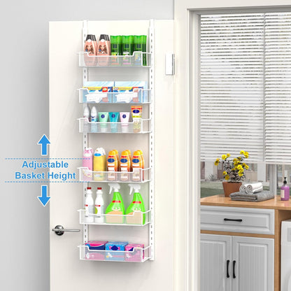 VyGrow 12.3" W Narrow Over the Door Pantry Organizer, 6-Tier Over the Door Organizer with Adjustable Basket, Pantry Door Organization for Pantry Kitchen Storage Room Spice Rack, White
