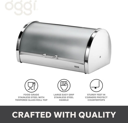 Oggi Stainless Steel Roll Top Bread Box for Kitchen Countertop with Tempered Glass Lid - Fits Multiple Large Loaves of Bread and Other Freshly Baked Goods Including Cookies, Bagels, Muffins