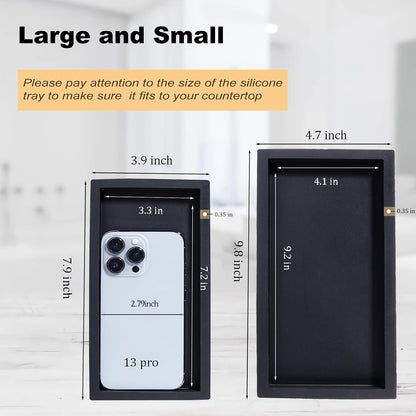 Small Silicone Bathroom Vanity Tray Rectangle Soap and Sponge Holder Kitchen Sink Organizer for Scrubber, Lotion Bottles, Perfume, Jewelry, Candle, Key Trinket Ring, Black