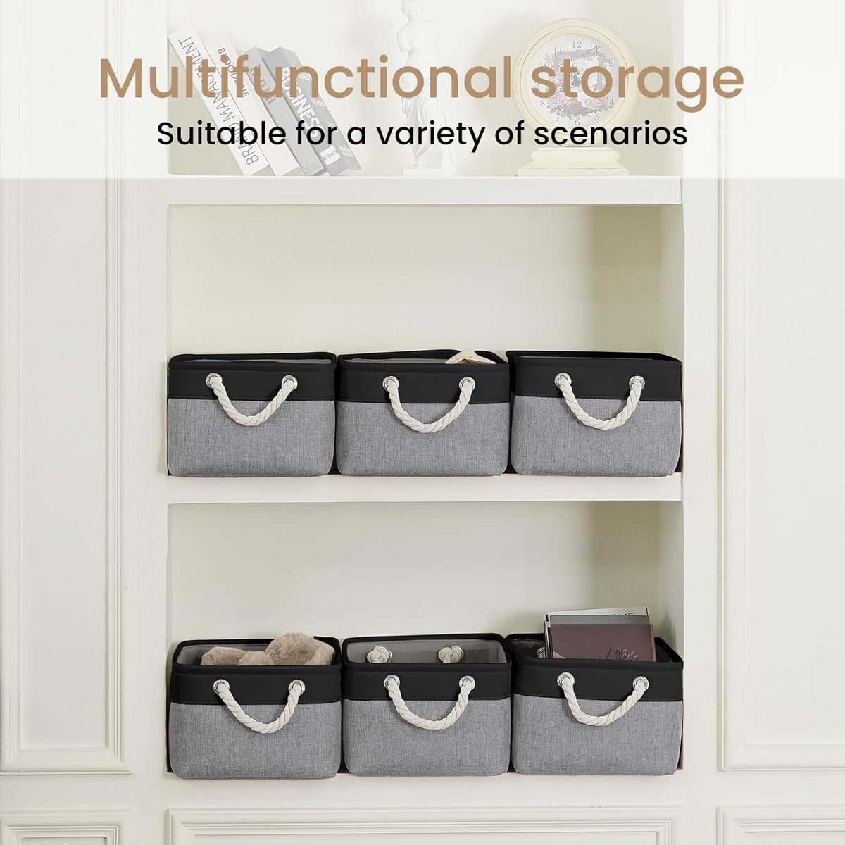 Large Storage Baskets- 15.7x11.8x8.26 inch Storage Bins for Shelves and Closet Organizing, Foldable Fabric Bin for Home Organization Clothes and Laundry (3-Pack, White&Khaki)