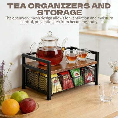 Tea Bag Organizer - 13"×7.9"×6.4" Wooden Tea Bag Holder with 8-Compartment Pull-Out Metal Mesh Drawer, Anti-Fall Guardrail Teabag Organizers and Storage Chest for Kitchen & Desk Countertop