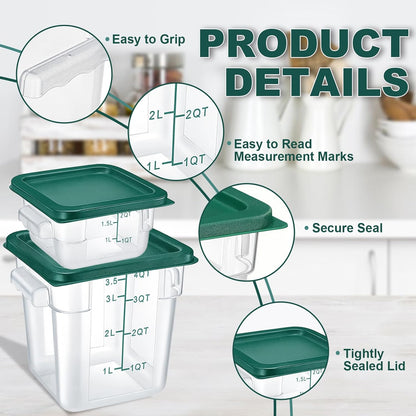 4 Pack 4QT Food Storage Containers with Green Lids, Clear Square Restaurant Commercial Food Storage Containers with Handle and Scale, Marinating Container Dough Rising Bucket for Home & Dining