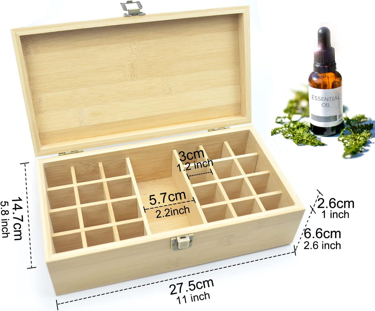 Pure Vie Essential Oil Bamboo Storage Box Travel Display Presentation, Holds 26 Bottles for 5, 10, 15ml - Aromatherapy Organizer Nail Polish Fragrance Container - Keep Your Oils Safe & Space Saver