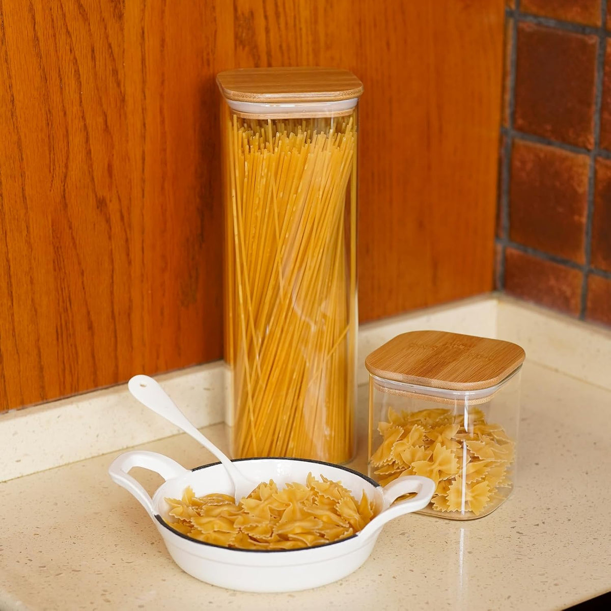 SHOWIN Glass Food Storage Jars Square 37oz, 4 Pack Glass Jars With Bamboo Lids, Kitchen Storage Containers For Spice, Candy, Cookie, Storage For Pantry Organizers
