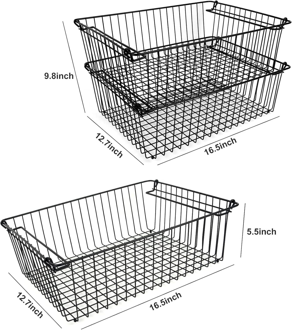 Set of 2 Stackable XXL Wire Baskets For Pantry Storage and Organization -16x12in Large Metal Food Baskets -Vegetable,Fruit,Potato,Onio, Pantry Storage Bins With Handles (Black, XXL)