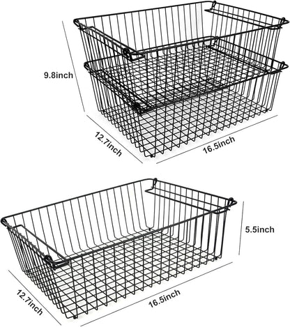 Set of 2 Stackable XXL Wire Baskets For Pantry Storage and Organization -16x12in Large Metal Food Baskets -Vegetable,Fruit,Potato,Onio, Pantry Storage Bins With Handles (Black, XXL)
