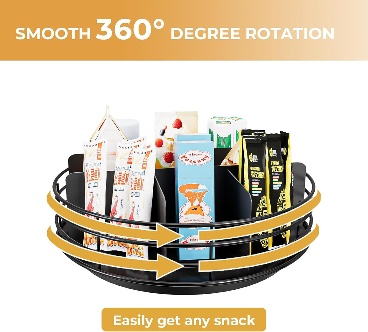Snack Organizer - Versatile Snack Storage 2 Tier Lazy Susan with Convenient Grab-and-Go Design, Wood and Metal Snack Holder for Home, Office, Breakroom, 12.13" L x 12.13" W x 12.56" H