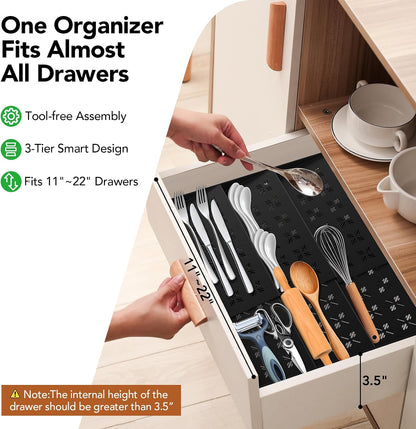 Spice Drawer Organizer 3-Tier Expandable (11"-22" Wide), Spice Rack for Cabinet with Funnel & Spice Labels, Fits Large Jars, Seasoning Storage Insert Design for Cabinet & Drawer (Black)