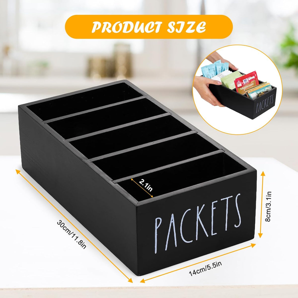 Seasoning Packet Organizer, Spice Packet Storage Organizer with 5 Compartments, Wooden Food Packet Organizer, Caddy Storage for Kitchen Pantry Cabinet, Modern Kitchen Organization Bins(Black)