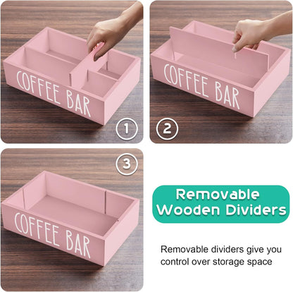 ALELION Coffee Station Organizer - Wood Countertop Accessories Organizer with Removable Dividers for Pods Condiment Syrup Tea Cups Stirrers - for Farmhouse Coffee Bar Decor