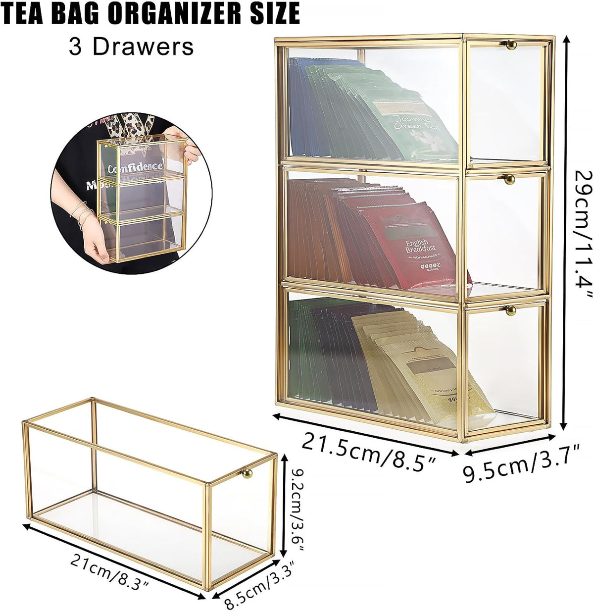 ELLDOO Tea Bag Organizer with 3 Drawers, Gold Glass Tea Bag Storage Holder for Kitchen Pantry, Coffee Pod Snack Storage for Countertop Cabinet, Multi-Functional Home Organizer