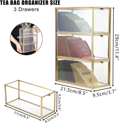 ELLDOO Tea Bag Organizer with 3 Drawers, Gold Glass Tea Bag Storage Holder for Kitchen Pantry, Coffee Pod Snack Storage for Countertop Cabinet, Multi-Functional Home Organizer
