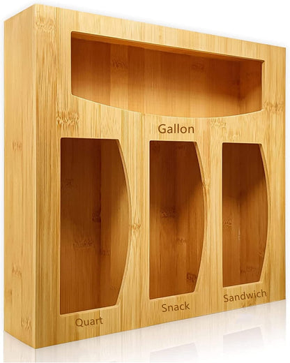 Bamboo Food Bag Storage Organizer for Kitchen Drawer, Baggie Holder for Solimo, Glad, Hefty Gallon, Quart, Sandwich and Snack Variety Size Bags (1 Box 4 Slots)
