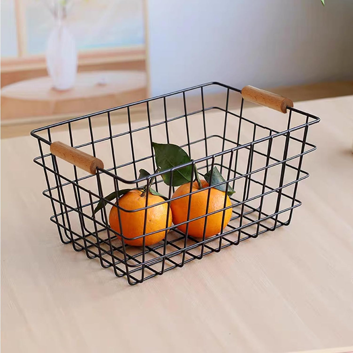 4 Pack Black Metal Wire Storage Baskets, Pantry Baskets for Organizing, Wire Food Storage Basket Organizer with Wooden Handles for Kitchen, Pantry, Freezer - 29 x 22 x 12cm