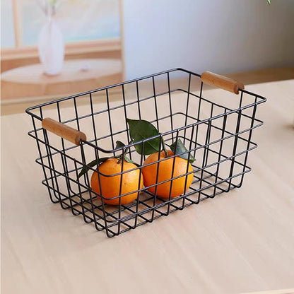 4 Pack Black Metal Wire Storage Baskets, Pantry Baskets for Organizing, Wire Food Storage Basket Organizer with Wooden Handles for Kitchen, Pantry, Freezer - 29 x 22 x 12cm