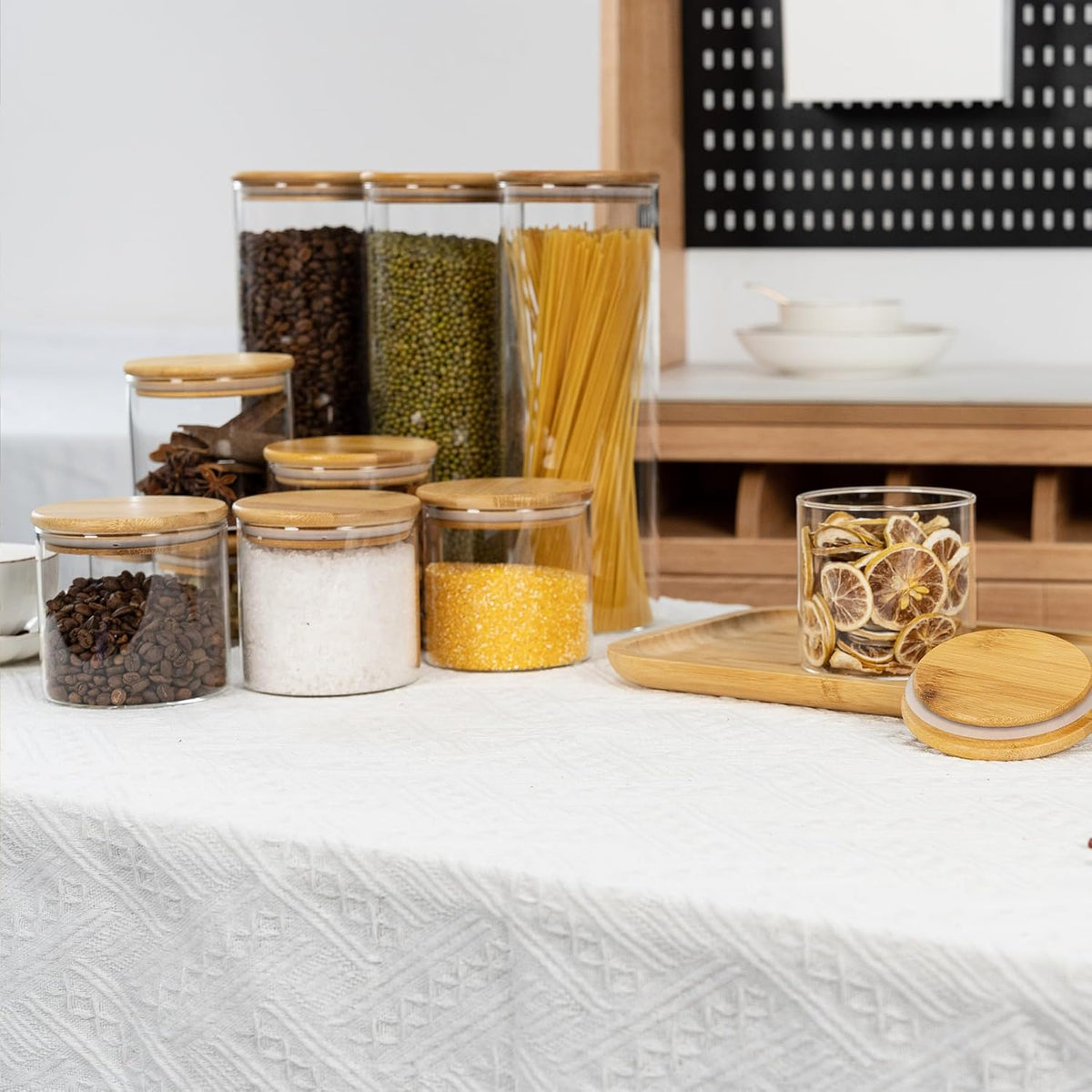 D2scrma 22oz Straight cylindrical Airtight Storage Jars with Bamboo Lid Set of 6 Storage Container Stackable Spice Jar, Kitchen Canister for Sugar, Tea, Cookies and Coffee beans (with Black Lable)