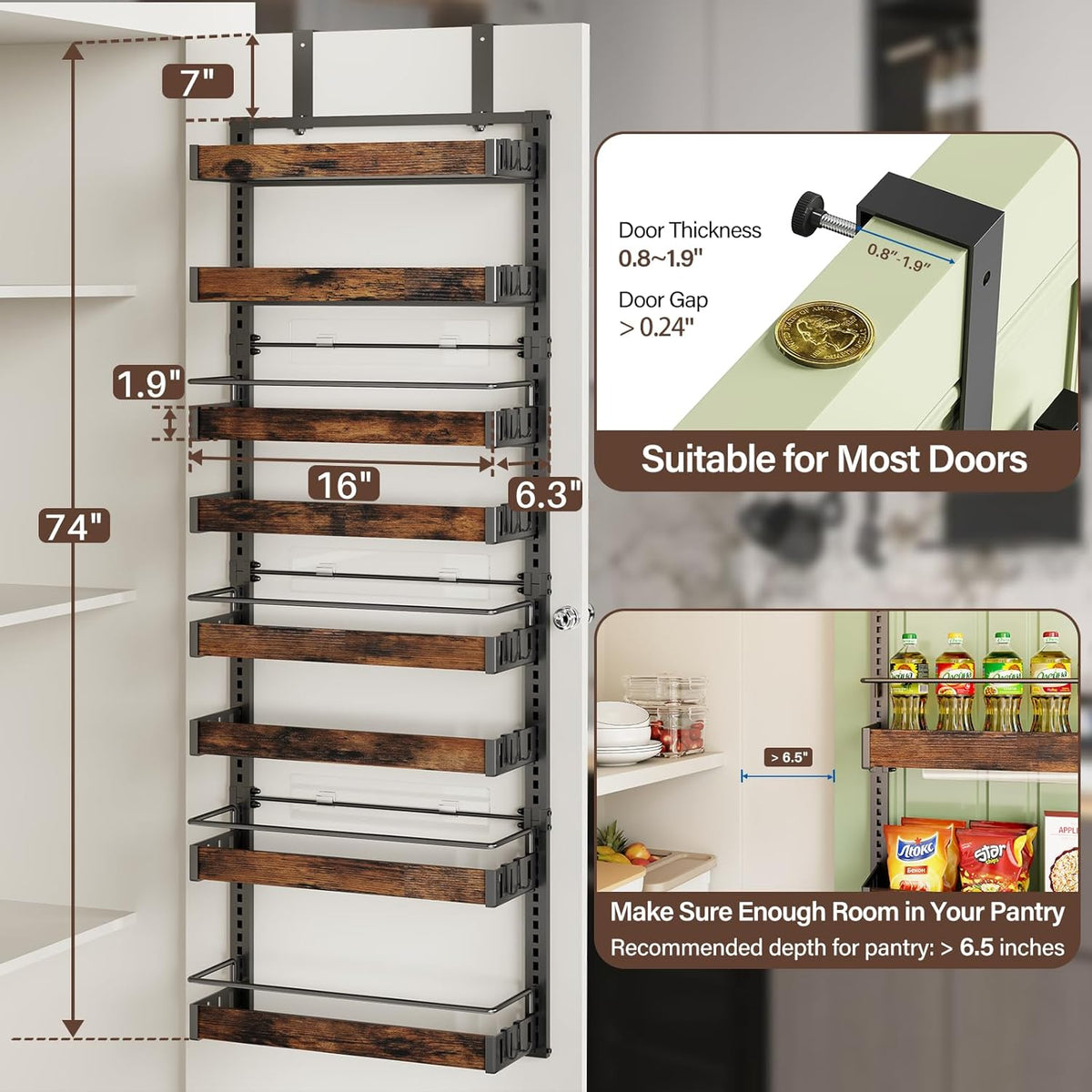 8 Tier Over The Door Pantry Organizer, 2 IN 1 Wall Mount or Metal Hanging Spice Rack for Pantry Organizers and Storage, Seasoning Shelves，Adjustable Basket with Hooks for Kitchen Cabinet and Closet