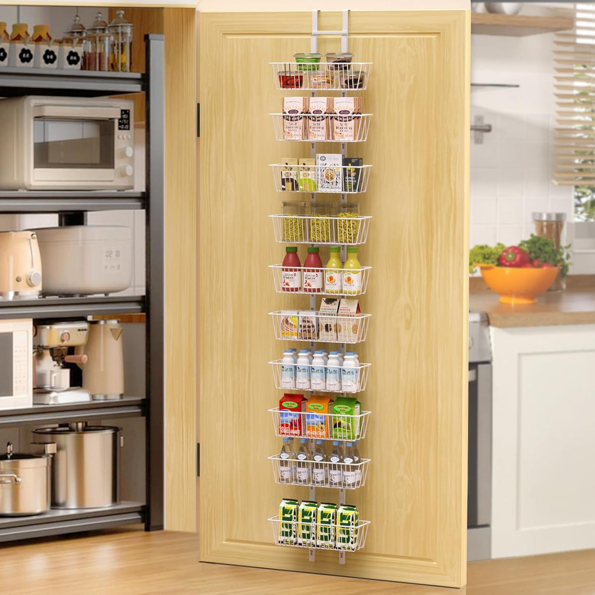 10 Tier Over the Door Pantry Organizer, Over the Door Spice Rack with Adjustable Baskets, Metal Hanging Door Pantry Organizers and Storage for Kitchen Bathroom Bedroom, White