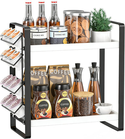 LEMIKKLE 2-Tier Coffee Bar Organizer With Basket,Wooden Counter Shelf for Coffee Bar Accessories,Kitchen Spice Rack Organizer for Countertop-Brown