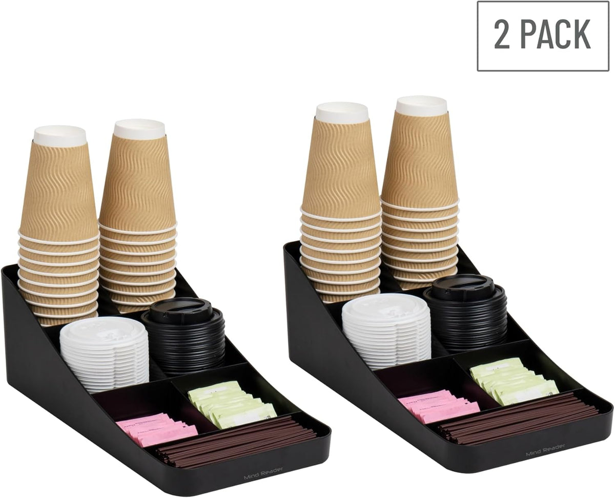 Mind Reader Cup and Condiment Station, Countertop Organizer, Coffee Bar, Kitchen, Stirrers, 7.25"L x 15.5"W x 5.25"H, Black