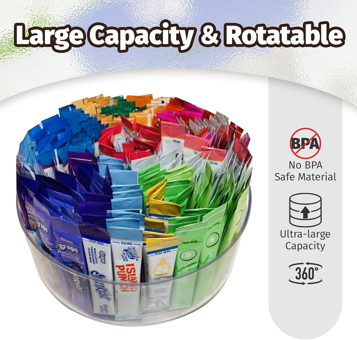 Drink Packet Organizer For Powdered Drink Mix,Powder Packet,Water Packet,Water Flavor Packet,Lazy Susan Organizer Rotating Holder for Drink Mix Necessities（Square）