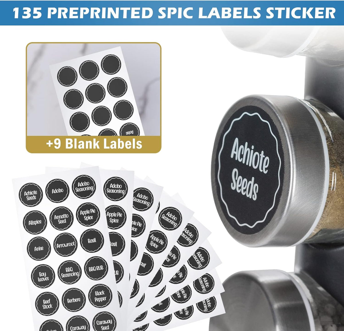 Tianifa Black Countertop Revolving Spice Rack, Empty 20-Jars Rotating Spice Rack Organizer, Round Carousel Tower, 135 Spice Labels with Funnel Complete Set, for Kitchen Countertop, Cabinet