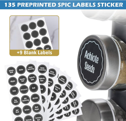 Tianifa Black Countertop Revolving Spice Rack, Empty 20-Jars Rotating Spice Rack Organizer, Round Carousel Tower, 135 Spice Labels with Funnel Complete Set, for Kitchen Countertop, Cabinet