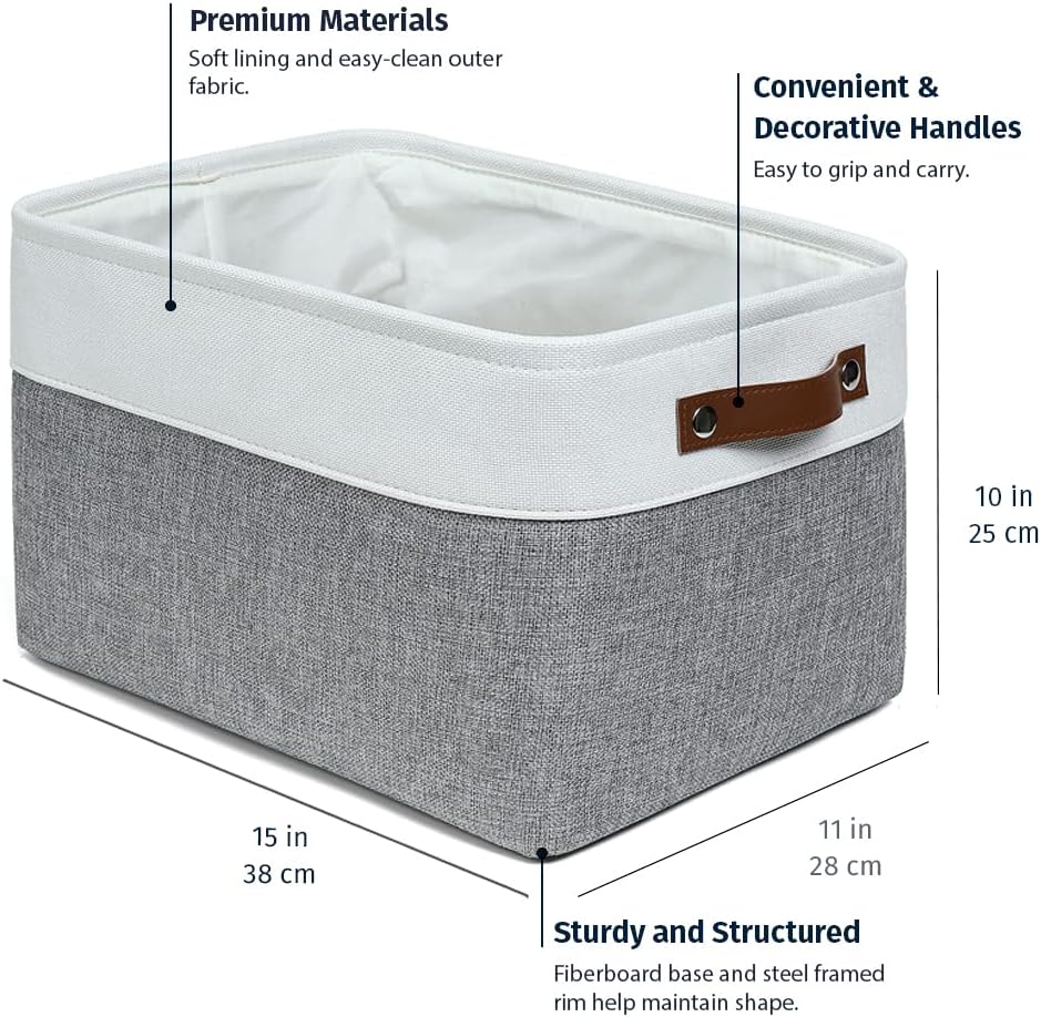 OrganiHaus 12x8in Canvas Storage Baskets 3 Pack | SMALL Fabric Bins for Shelves | Pantry & Bathroom Organizer | Beige/Off-White